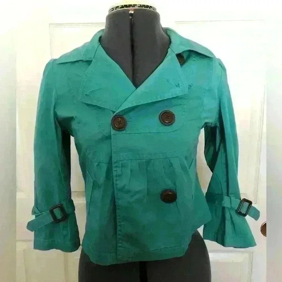 American Rag Cie Teal buckle 3/4 sleeve jacket Womens Small - Picture 2 of 5